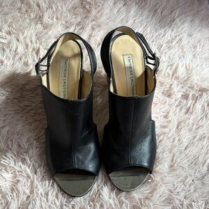 Chinese Laundry Black Peep-Toe Mules with Silver and White Accents